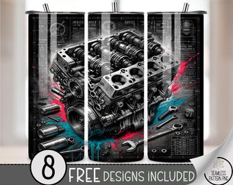 20 oz Engine Tumbler Wrap PNG, Mechanic Sublimation Design for Men, Garage Tools Car Motor Wrap, Grunge Workshop Father's Day File, A284