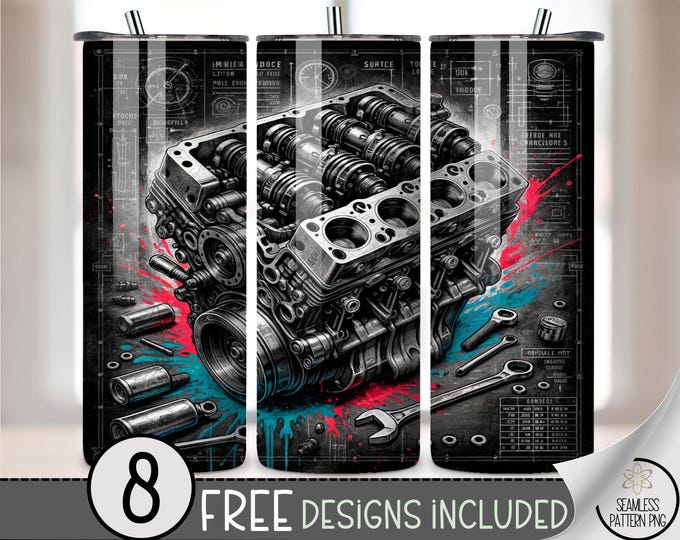 20 oz Engine Tumbler Wrap PNG, Mechanic Sublimation Design for Men, Garage Tools Car Motor Wrap, Grunge Workshop Father's Day File, A284