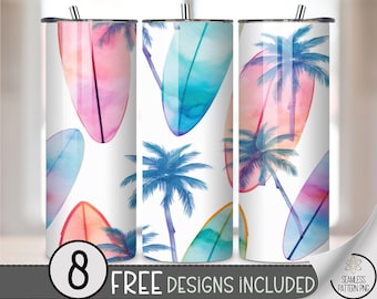 Watercolor Surfboard Tumbler Wrap PNG, 20oz Sublimation Design, 20 oz Tropical Palm Tree Summer Vibes Wrap for Beach Skinny Tumbler, A287