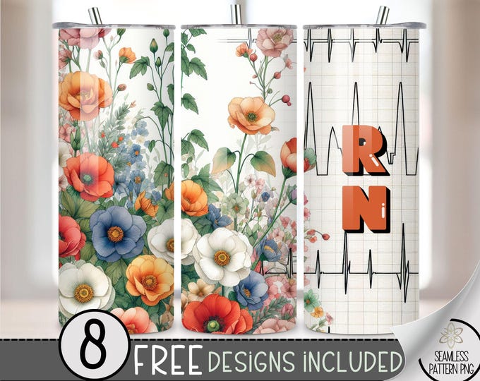 Floral RN 20 oz Straight Tumbler Wrap PNG, Registered Nurse Heartbeat Design, Skinny Tumbler Wrap Design, Wrap Sublimation PNG Design File