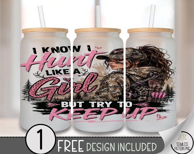 Hunting Girl Glass Can Wrap, Empowered Archer 16oz Tumbler Sublimation Design, Pink Camo PNG File, Digital Download, B10419