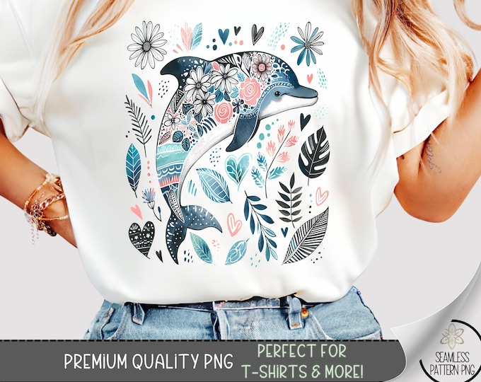 Dolphin T-Shirt Design, Nautical Sublimation Design,Boho Floral Dolphin Sweatshirt PNG,Beach Fisherman Aesthetic for Shirts,Summer File A202