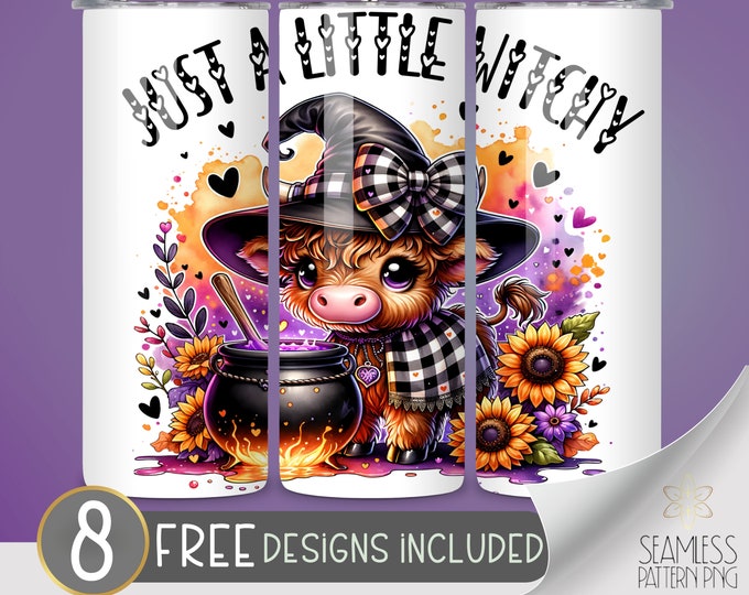 Coquette Halloween Tumbler Wrap Witchy Halloween Highland Cow 20 oz Skinny Tumbler Sublimation Design, Just A Little Witch Instant Download