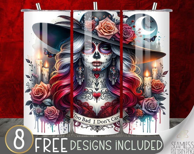 Day of the Dead Women Tumbler Wrap, 20 oz skinny Tumbler Wrap Sublimation PNG, Skeleton Tumbler Wrap, Gothic Celestial Tumbler, Witch Design