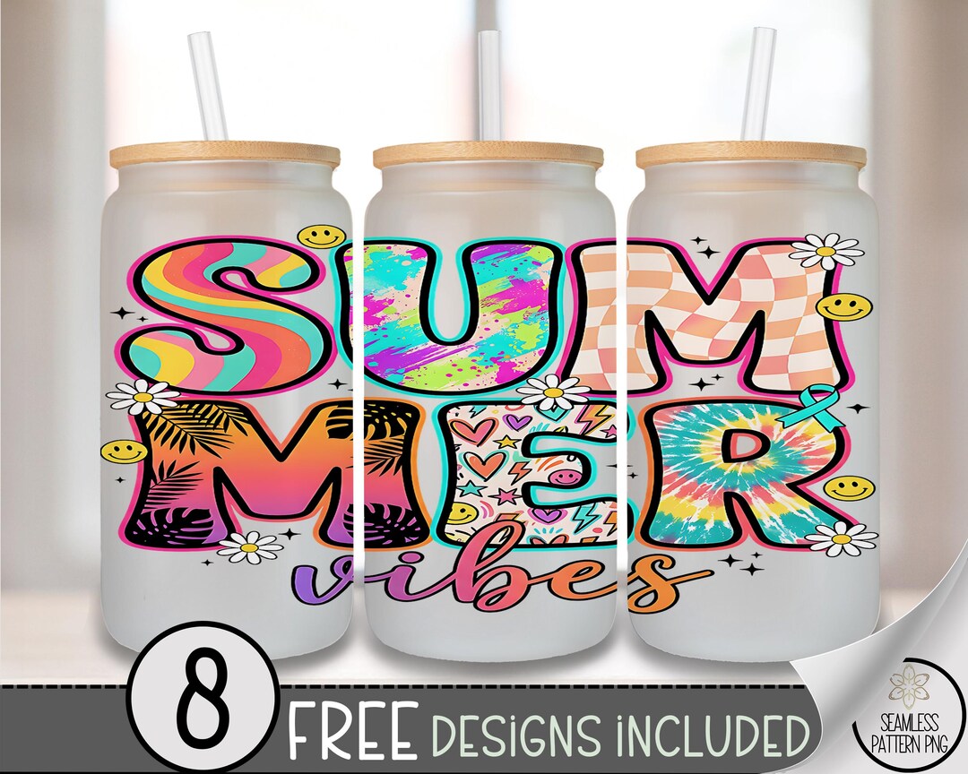 Summer Vibes Glass Can Wrap, Retro Beach 16oz Tumbler Sublimation ...