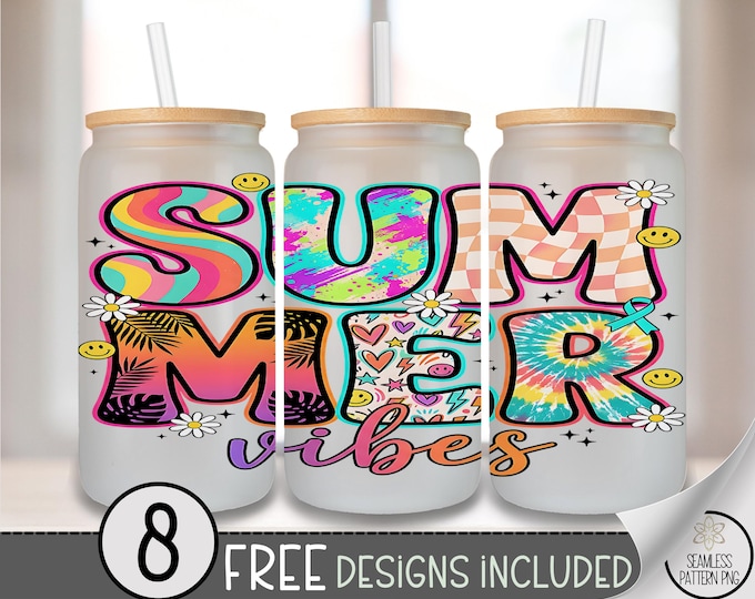 Summer Vibes Glass Can Wrap, Retro Beach 16oz Tumbler Sublimation Design, Fun PNG File, Digital Download, B10179