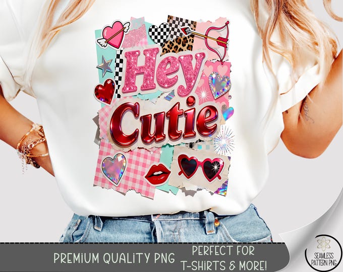 Hey Cutie T-shirt PNG, Checkered Sublimation Design, Y2K Playful DTF Shirt Graphic, Pastel Faux Patchwork TShirt File, Retro Pop A800