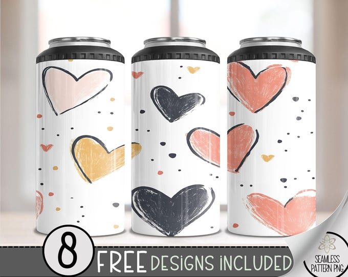 Seamless Valentine's Day 4 in 1 Can Cooler Wrap, Cute Heart 4in1 Tumbler PNG, Heart Pattern 16 Oz Can Cooler Sublimation Design, Vday Love