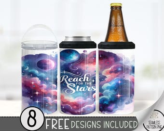 Galaxy Can Cooler Wrap, Celestial 16 Oz 4 in 1 Tumbler Sublimation Design, Celestial Can Cooler Tumbler Wrap, Moon Png File, Reach For Stars