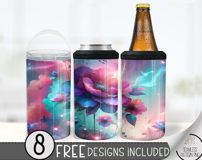 Floral 4 In 1 Can Cooler Tumbler Wrap, Flower Sublimation Design, Fantasy 16 Oz Slim, Ethereal 16 Oz Can Cooler Sublimation Design File
