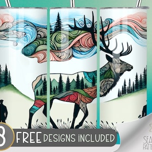 Elk Zentangle Deer Tumbler Wrap For 20 Oz Skinny Sublimation Tumbler Design, Watercolor Deer Seamless Design, Hunting Instant Download