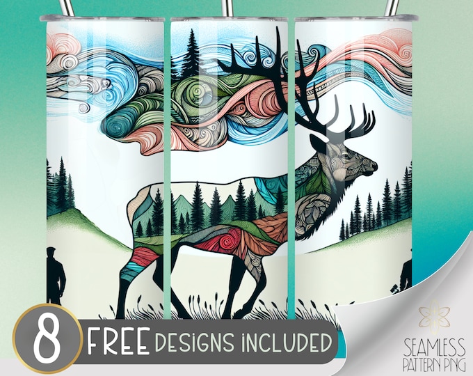 Elk Zentangle Deer Tumbler Wrap For 20 Oz Skinny Sublimation Tumbler Design, Watercolor Deer Seamless Design, Hunting Instant Download