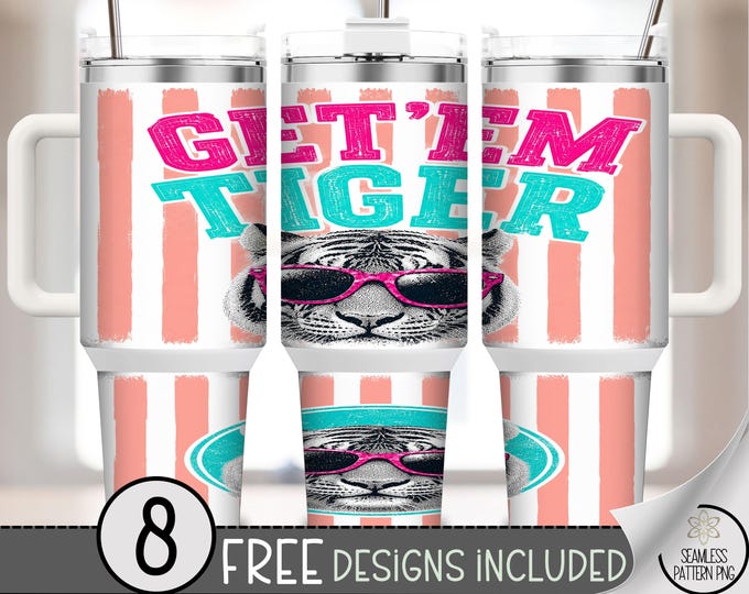 Get 'Em Tiger 40 oz Tumbler Wrap, Trendy Stripe Sublimation Design, Retro Preppy PNG, Digital Download, B10385