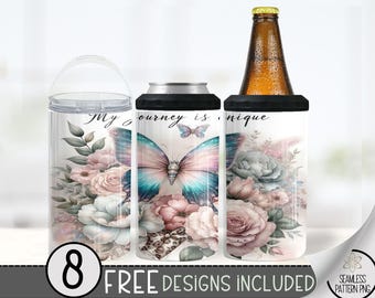Butterfly Floral 4in1 Can Cooler Tumbler, Glittery Flower 4 in 1 Can Cooler Sublimation Design, Nature 4 in 1 Design Wrap, Inspirational PNG