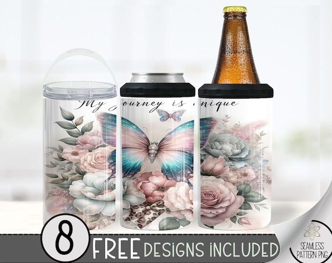 Butterfly Floral 4in1 Can Cooler Tumbler, Glittery Flower 4 in 1 Can Cooler Sublimation Design, Nature 4 in 1 Design Wrap, Inspirational PNG
