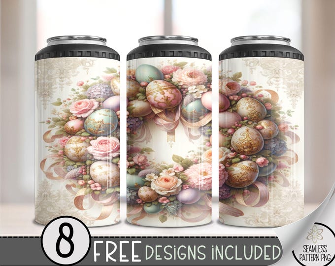 Shabby Chic Easter 4 in 1 Can Cooler Wrap,Easter Egg 4in1 Tumbler PNG,Egg Wreath 16 Oz Can Cooler Sublimation Design,Rococo Grand Millennial