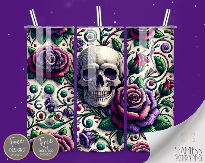 Embroidered Skull Tumbler Wrap, 20oz Straight Sublimation Tumbler Design, 3D Sublimation Design Embroidery Purple Rose Tumbler PNG Download
