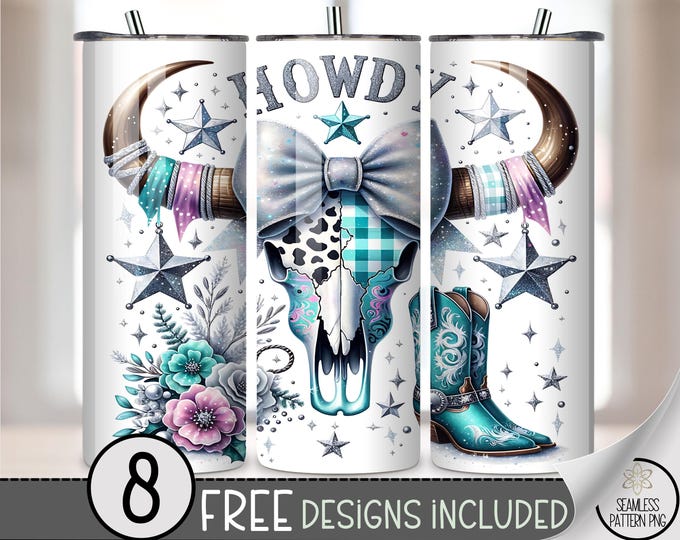 Coquette Cow Skull 20 oz Tumbler Wrap PNG, Boho Western Art, Floral Sublimation Design, Digital Download, A682