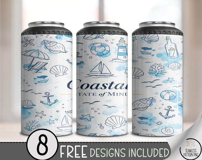 Coastal 4-in-1 Can Cooler Wrap, Seaside Sublimation Design, Nautical 16 oz 4-in-1 File, Digital Download, B10207