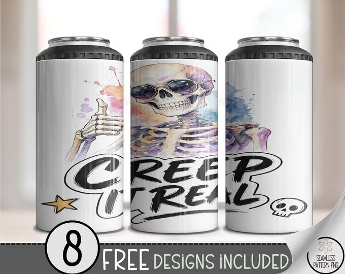 Halloween 4in1 Can Cooler Wrap, Skeleton Sublimation Design, Creep it Real 16 oz, Digital Download, B10473