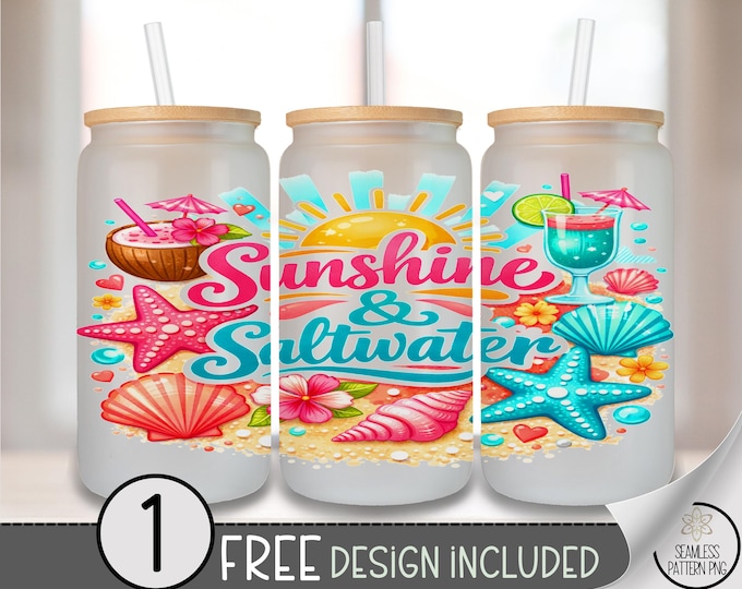 Sunshine & Saltwater Glass Can Wrap, Tropical 16oz Tumbler Sublimation Design, Beachy PNG File, Digital Download, B10226
