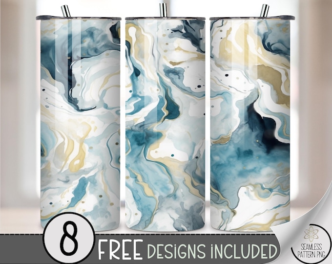 Blue Gold Marble Tumbler Wrap PNG, Watercolor Marble 20oz Skinny Tumbler Design, Sublimation Tumblers PNG ,Modern Luxury Tumbler File, A292