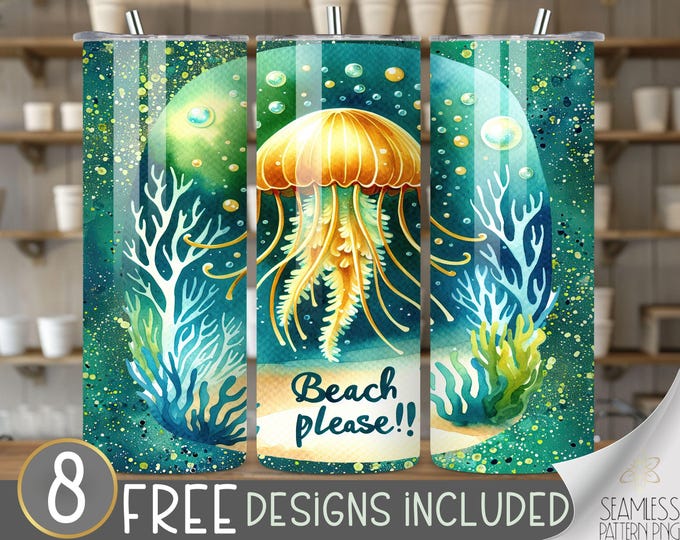 Beach Please Tumbler Wrap, Jellyfish 20 oz Tumbler Sublimation Designs, Jellyfish Tumbler File, Summer Tumbler Design, Teal and Gold Tumbler
