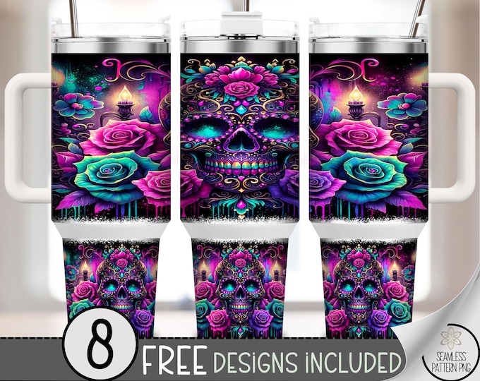 Sugar Skull 40 oz Tumbler Wrap PNG, Neon Floral Day of the Dead Wrap, Sublimation Skull Design for Stanley Tumblers, Gothic Halloween A269