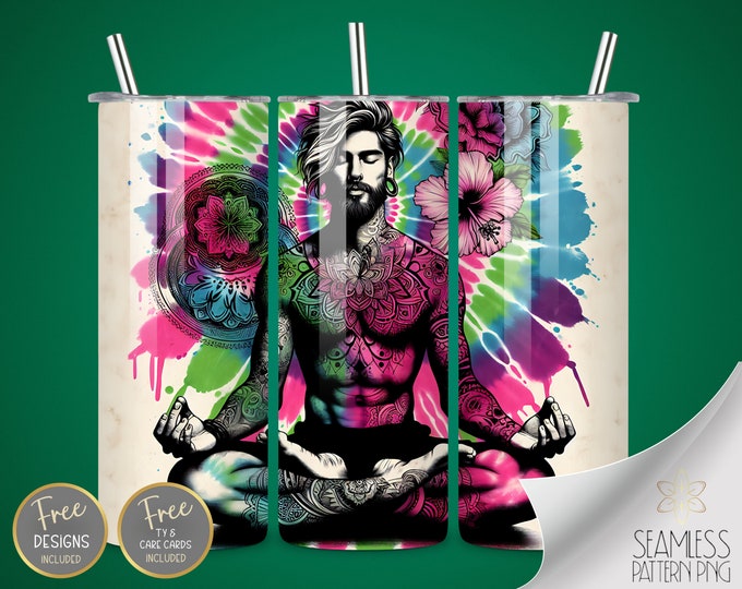 Hibiscus Mandala Tumbler, Meditating Man Tumbler, Yoga Guy Sublimation File, Meditation PNG, 20oz Straight Tumbler Wrap, Instant Download