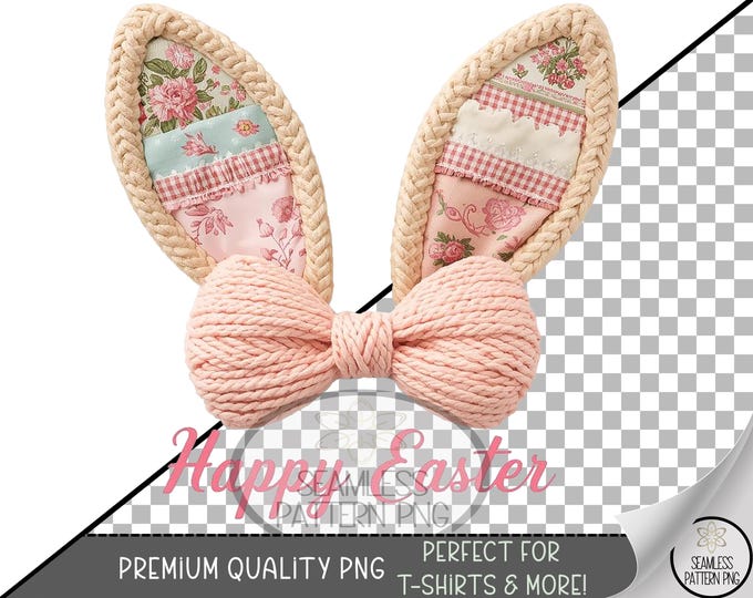 Bunny Ears Sublimation Design, Cute UV DTF Graphic, Faux Pastel Fabric Clip Art, Vintage Patchwork Patterns, Bow Digital Download A662