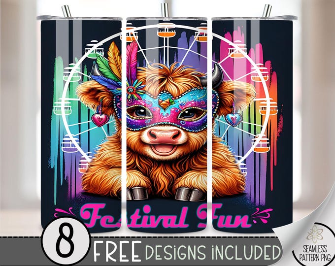 Highland Cow Mardi Gras Tumbler Wrap, Carnival Sublimation Design PNG, New Orleans 20Oz Skinny Tumbler File, Festival Tumbler PNG