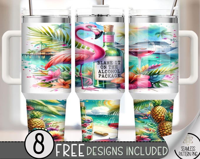 Cruise 40oz Tumbler Wrap, Cocktail Cruise Trip Tumbler Sublimation Design, Booze Cruise 40oz Quencher Tumbler Wrap PNG,Flamingo and Wine, A9