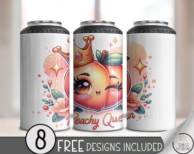 Peachy Queen 4-in-1 Can Cooler Wrap PNG, Cute Kawaii Peach Sublimation Design, Girly Pink Crown Fruit Wrap PNG, A383