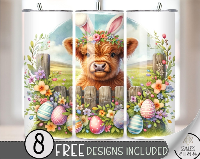 Highland Cow Easter Tumbler Wrap, Bunny Floral 20oz Skinny Tumbler Sublimation Design, Egg Easter Tumbler Wrap File PNG,Seamless Floral, A12