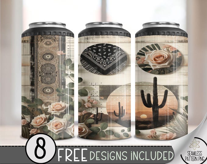 Country Western 4 in 1 Can Cooler Wrap,Western Rose 4in1 Tumbler PNG,Bandana 16 Oz Can Cooler Sublimation Design,Seamless Country Design A55