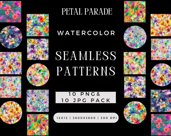 Digital Watercolor Petal Parade Seamless Pattern PNG Bundle, Sublimation Sanctuary Decoupage JPG File, Floral Repeating Pack Commercial