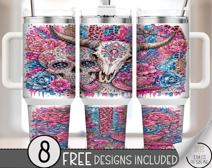 Sugar Skull Steer 40oz Tumbler Wrap, Boho Sublimation Design, Digital Download, B10506