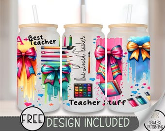 Teacher Libbey Glass Wrap, Teacher Affirmation 16 Oz Glass Can Wrap PNG, Coquette Bow Teacher Glass Can Sublimation Wrap Design, A144