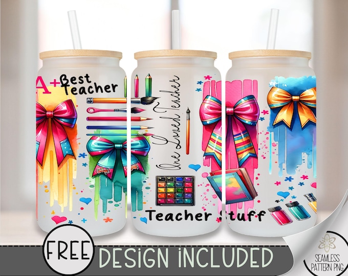 Teacher Libbey Glass Wrap, Teacher Affirmation 16 Oz Glass Can Wrap PNG, Coquette Bow Teacher Glass Can Sublimation Wrap Design, A144