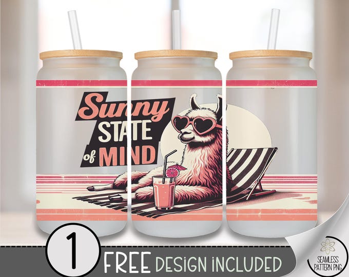 Silly Llama Glass Can Wrap, Sunny State 16oz Glass Tumbler Sublimation Design, Beachy PNG File, Digital Download, B10201