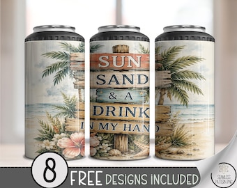 Beach Vacation 4-in-1 Can Cooler Wrap, Tropical Sublimation Design, Digital Download, B10364