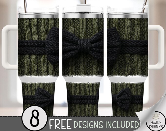 Faux Yarn Bow 40 oz Tumbler Wrap PNG, Dark Crochet Coquette Design, Digital Download, Knitted Texture Sublimation, A752