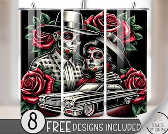 LA Chicano Girl Couple Cholo Couple 20oz Tumbler Wrap, Chicano Style Lowrider Sublimation Design PNG,LA Sugar Skull 20Oz Skinny Tumbler File