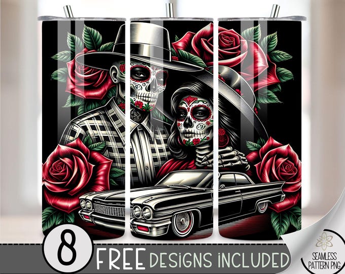 LA Chicano Girl Couple Cholo Couple 20oz Tumbler Wrap, Chicano Style Lowrider Sublimation Design PNG,LA Sugar Skull 20Oz Skinny Tumbler File