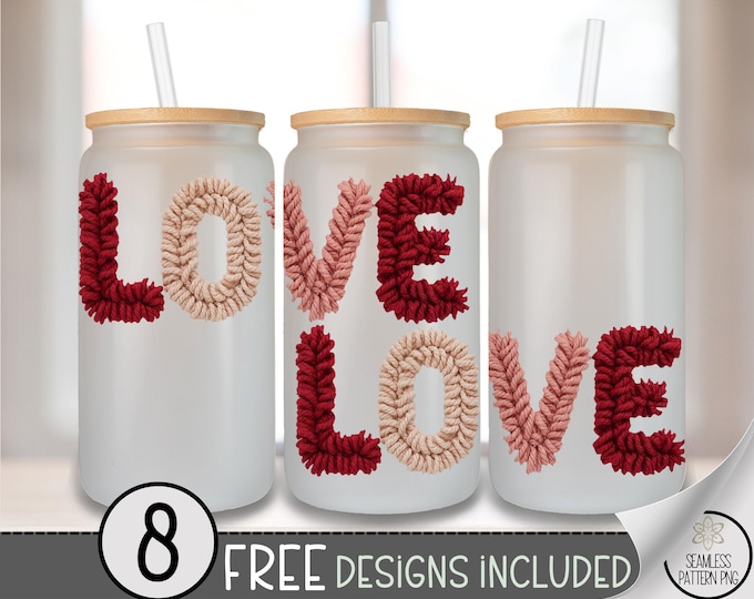 LOVE Glass Can Wrap, Crochet Valentines 16oz Glass Tumbler Sublimation Design, Latch Hook Faux Yarn PNG File, A815