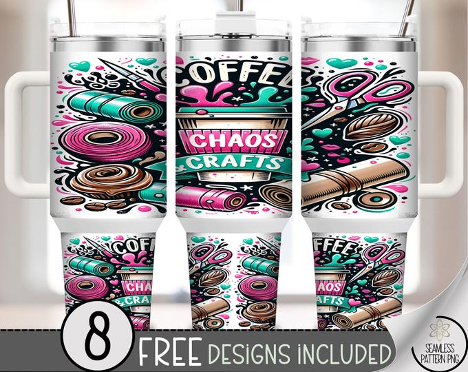 Coffee Chaos & Crafts 40oz Tumbler Wrap PNG, Sublimation Design with Cupcakes, 40 oz Vinyl Rolls and Scissors Design, A320