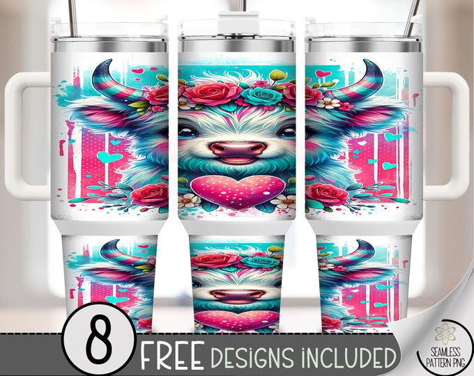 Valentine's Day 40 oz Tumbler Wrap PNG, Cute Highland Cow, Vday Teal and Pink Sublimation, Digital Download, B675