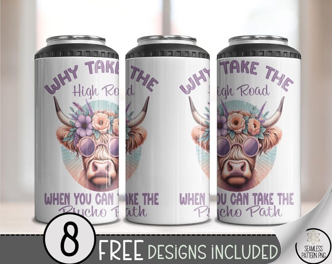 Psycho Path 4-in-1 Can Cooler Wrap PNG, Funny Highland Cow Sublimation, Retro Floral Cowgirl PNG, Boho Highlander Design, A375