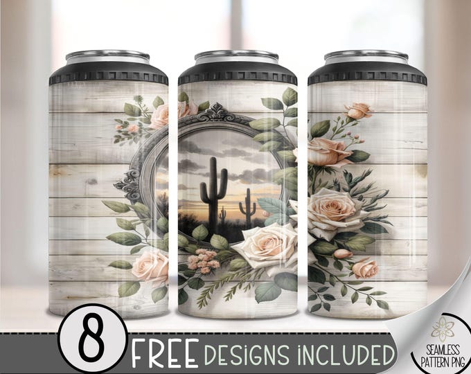 Country Western 4 in 1 Can Cooler Wrap,Western Rose 4in1 Tumbler PNG,Floral Cactus 16 Oz Can Cooler Sublimation Design,Seamless Country PNG
