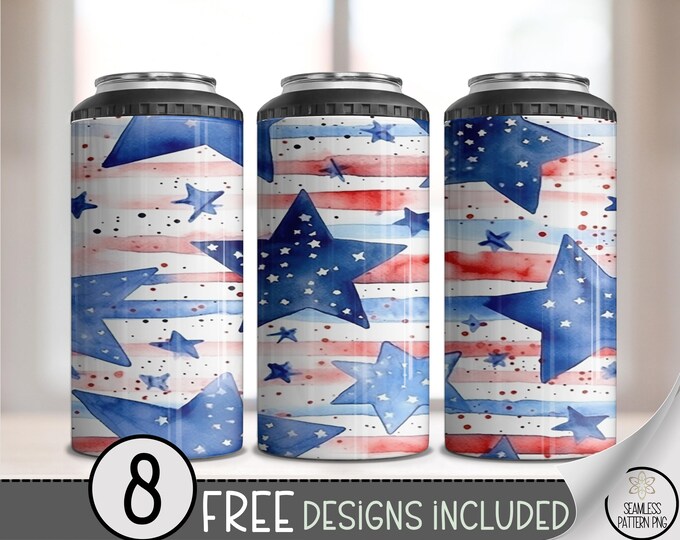4-in-1 Patriotic Can Cooler Wrap PNG, Red White Blue Stars Sublimation Design, 16 oz Skinny Tumbler Wrap, July 4th USA Drink Wrap A263